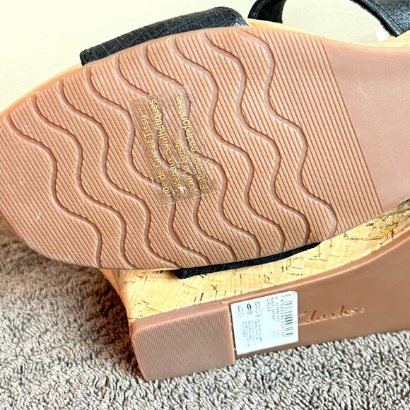 Clarks Womens Kyarra Faye‎ Black Leather Cork Wedges Sandals Shoes 12M New - Picture 11 of 14